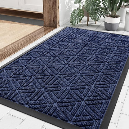 Smiry Front Door Mat Outside Entrance, Heavy Duty Sturdy Natural Rubber Doormat, Trap Dirt and Moisture, Easy Clean Low Profile Mats for Indoor Outdoor Entry, Grid Geometric (35x23, Navy Blue)
