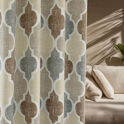 Beauoop 100% Blackout Curtains 90 Inches Long 2 Panels for Bedroom Living Room Brown Grey Moroccan Geo Room Darkening Thermal Insulated Soundproof Grommet Top Window Treatments Drapes, 50x90 Set of 2