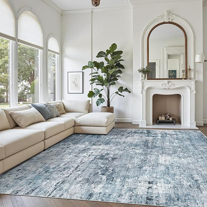 9x12 Area Rugs for Living Room, Abstract Non Slip Machine Washable Vintage Rugs, Low Pile Lightweight Large Rug for Bedroom, Dining Room, Home Office Blue