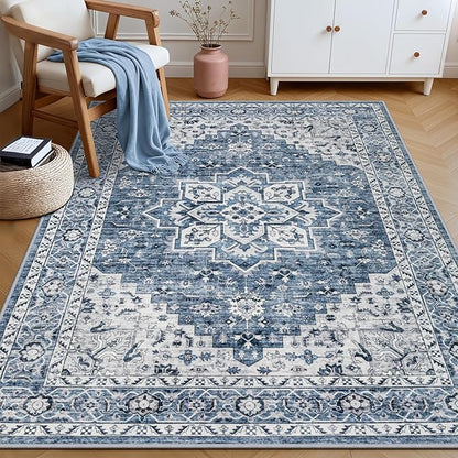 3x5 Area Rugs Living Room Rug: Washable Vintage Boho Medallion Rug No Slip Stain Resistant Soft Carpet Indoor Floor Large Carpets for Bedroom Dining Room Farmhouse Nursery Hallway Home Office Blue