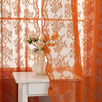YJ YANJUN Vintage Lace Curtains 102 Inches Long-Rust Retro Floral Burnt Orange Sheer Curtain Panels for Home Office Patio Sliding Door, Rod Pocket, Boho Halloween Fall Decor 2 Panels 52W x 102L