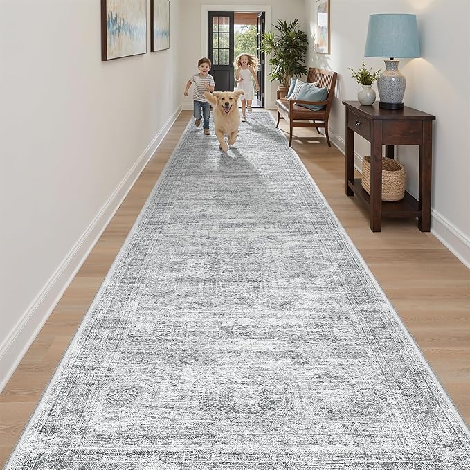 Hallway Runner Rug 3x18 - Kitchen Rugs 18ft Washable Entryway Rug Vintage Kitchen Runners Non Slip Farmhouse Indoor Carpet Runner for Living Room Bedroom, Grey