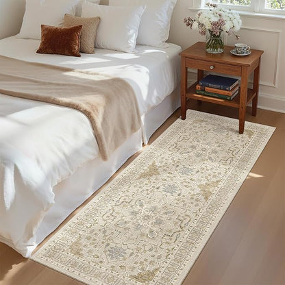 Madane Washable Runner Rug - 2x6 Rug Runners for Hallways 6 Foot Non Slip Vintage Kitchen Runner Rug Ultra-Thin Bathroom Runner Rugs Carpet Laundry Room Bedroom (2x6ft, Beige/Blue)
