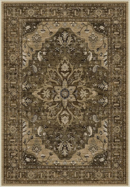 Area Rugs Round 6ft Washable Non-Slip, Floral Vintage Distress Print Pattern Medallion Carpet for Living Room Bedroom Dining Room, Brown Dark Brown