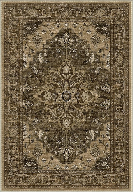 Area Rugs Round 8ft Washable Non-Slip, Floral Vintage Distress Print Pattern Medallion Carpet for Living Room Bedroom Dining Room, Brown Dark Brown