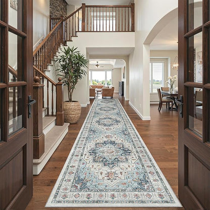 Madane Hallway Runner Rug 3x16 - Vintage Non Slip Washable 16ft Kitchen Runner for Entrance Soft Long Carpet Runners for Living Room Bathroom Low Pile Floor Mat for Bedroom Dining Room, Blue
