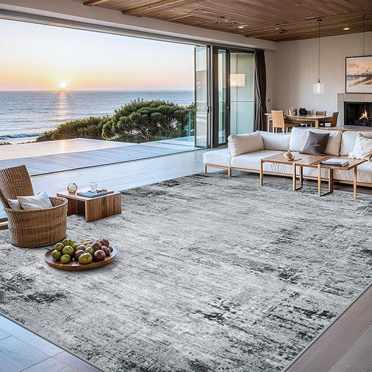 Area Rugs 10x12 Living Room - Washable Rug Modern Abstract Soft Large Neutral Non-Slip Carpet Indoor Floor Thin Carpets for Bedroom Dining Room Farmhouse Nursery Home Office Black