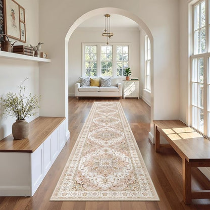 Madane Hallway Runner Rug 2x12, Extra Long Washable Runner Rugs with Rubber Backing, Non Slip Carpet Runner, Vintage Medallion Rug Runners for Kitchen Laundry Room Entryway (Pink, 2'x12')