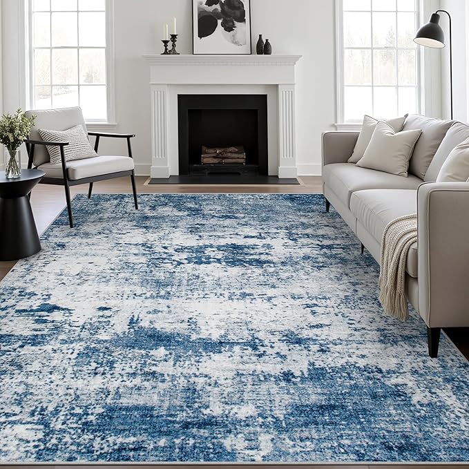 10x14 Area Rug Living Room Rug: Washable Modern Abstract Soft Thin Rug Indoor Floor No Slip Stain Resistant Carpet for Bedroom Dining Room Farmhouse Nursery Home Office - Blue