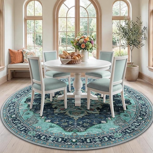 Area Rugs 7ft Washable Non-Slip, Floral Vintage Distress Print Pattern Medallion Carpet for Living Room Bedroom Dining Room, Teal Green Lake Blue Turquoise