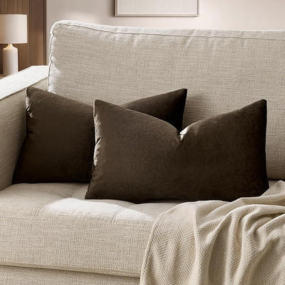 GIGIZAZA Brown Velvet Pillow Covers 12x20,Small Solid Throw Pillow Covers Decorative Modern Pillows Lumabr Vintage Cases Pack of 2