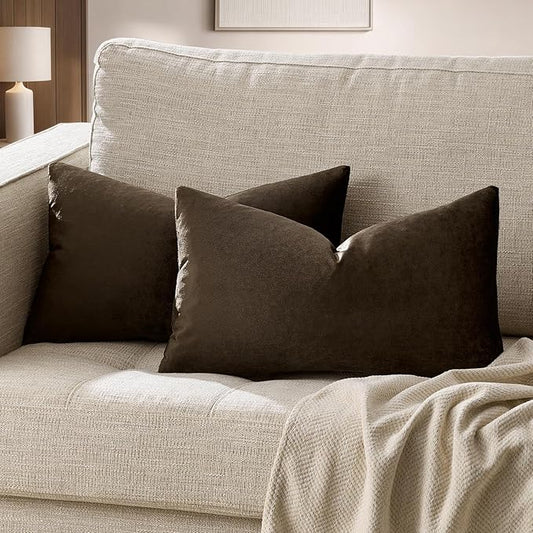 GIGIZAZA Brown Velvet Pillow Covers 12x20,Small Solid Throw Pillow Covers Decorative Modern Pillows Lumabr Vintage Cases Pack of 2