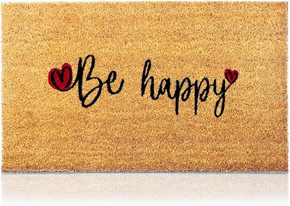 Be Happy - 17"x29" - Coir Door Mat with Heavy Duty Backing - Welcome Mats for Entryway, Porch - Anti-Slip PVC & Coconut Fiber Surface - Natural Home Accessories, Minimalist Original Design
