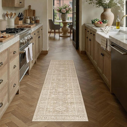 2x5 Washable Runner Rug for Hallway Kitchen Vintage Beige Non Slip Low Pile Carpet Traditional Retro Soft Throw Rug for Bathroom Bedroom Entryway Indoor Entrance