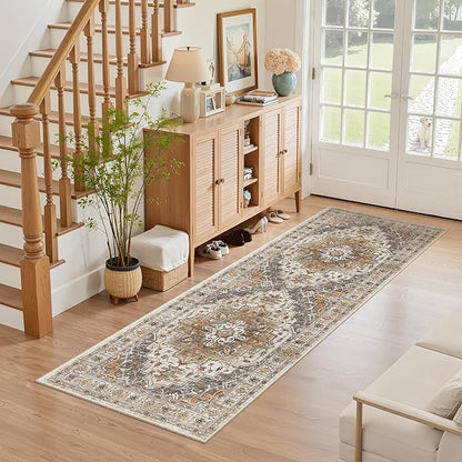 Madane Hallway Runner Rug - 2x5 Rug Runner Washable Runner Rugs Non-Slip Low-Pile Kitchen Runner Rug Laundry Room Rug Throw Carpet for Entrance Bedroom Living Room (2'x5', Turmeric/Grey)