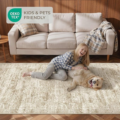3x16 Washable Runner Rug for Hallway, Non-Slip Long Hallway Runner for Entryway, Soft Vintage Kitchen Mats for Floor, Abstract Dining Room, Bedroom, Living Room Rugs(3'x16', Brown/Ivory)