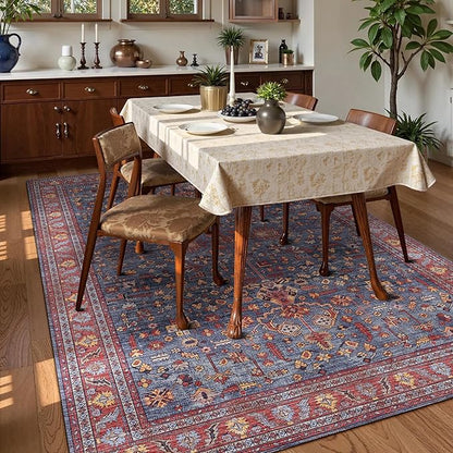 Washable Area Rug 3' x 5 ' Vintage Traditional Persian Mat - Foldable Distressed Non-Slip Machine Washable Carpet for Living Room Bedroom Kitchen Home Decor - Indigo and Crimson