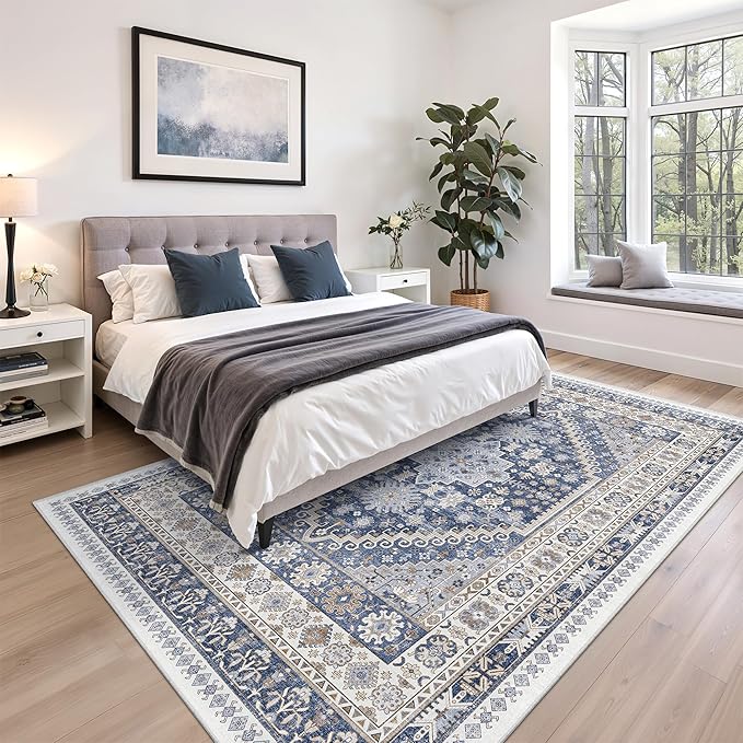 zesthome 5x7 Area Rugs - Ultra-Thin Washble Rug, Stain Resistant Anti Slip Backing Rugs for Living Room,Bedroom, Vintage Home Decor Area Rug (Blue/Beige,5'x7')