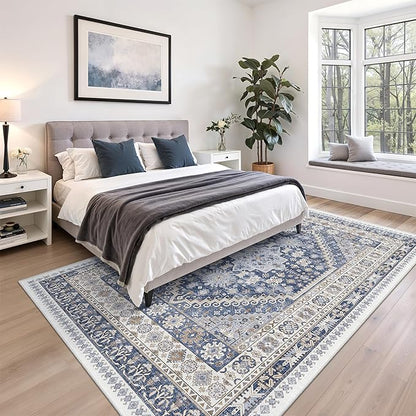 zesthome 5x7 Area Rugs - Ultra-Thin Washble Rug, Stain Resistant Anti Slip Backing Rugs for Living Room,Bedroom, Vintage Home Decor Area Rug (Blue/Beige,5'x7')