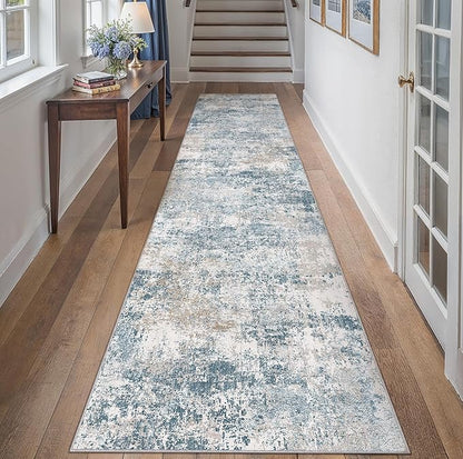 Blue 2x8 Runner Rug Washablel Abstract Hallway Carpet Modern Neutral Non Slip Soft Carpet Low Pile Contemporary Aesthetic Long Rug for Bathroom Laundry Kitchen Bedroom
