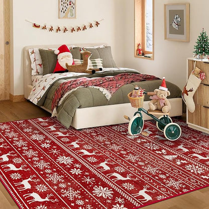 Christmas Rug 4x6 Washable Rugs, Boho Christmas Tree Snowflake Rug Non-Slip Soft Low Pile Non Shedding Indoor Holiday Carpet for Living Room Bedroom Dining Room Home Office (XmasRed, 4'x6')