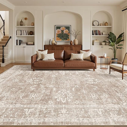 Madane 8x10 Area Rugs for Living Room, Machine Washable Vintage Rug with Non-Slip Backing, Soft Floral Print Large Throw Rugs, Thin Carpet for Bedroom Dining Room Farmhouse (8 x 10, Brown/Sand)