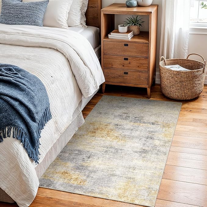 2x3 Washable Entryway Area Rug: Modern Abstract Small Runner Rug for Hallway Soft Non Slip Door Mat with Rubber Backing Low Pile Thin Floor Carpet for Kitchen Bathroom Bedroom Indoor(Grey/Yellow,2x3)