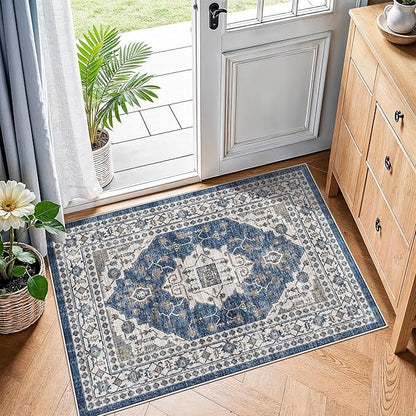 2x3 Washable Vintage Area Rug: Indoor Soft Entryway Rug with Non Slip Backing Water Resistant Carpet for Kitchen Bathroom Laundry Low Pile Door Mat Perfect for Homes with Cats & Dogs(2x3,Blue)