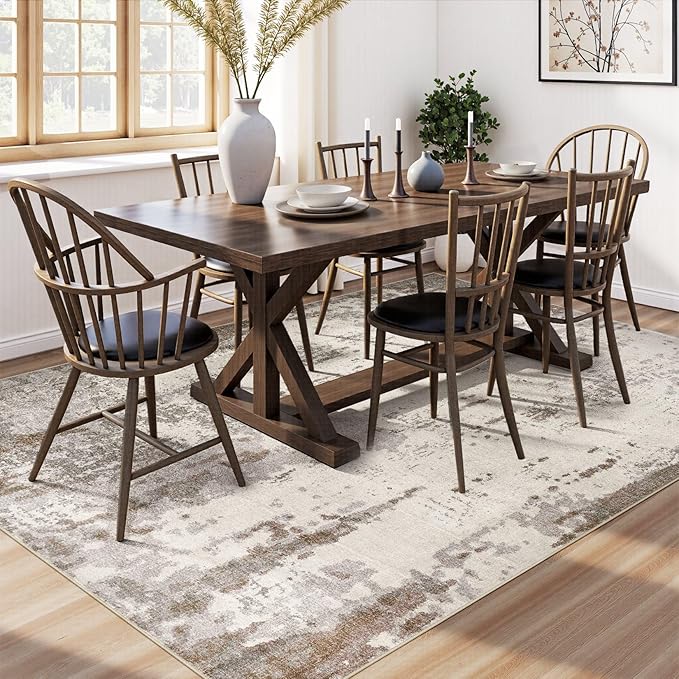 UERMEI 9x12 Area Rug Living Room Rugs - Washable Neutral Modern Abstract Soft Thin Rug Indoor Floor No Slip Rug Carpet for Bedroom Under Dining Table Home Office Decor - Brown/Grey/Beige