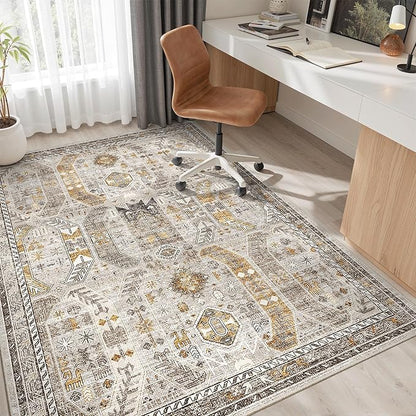 Madane 6x9 Area Rugs for Living Room, Stain Resistant Washable Rugs, Non-Slip Backing Area Rug, Vintage Home Decor Rug for Bedroom (Brown/Gold, 6'x9')