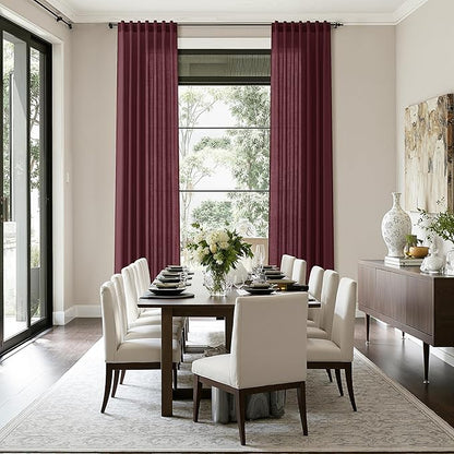 Nanspring Burgundy Linen Curtains for Living Room 126 Inches Long Light Filtering Semi Sheer Curtain Back Tab Vintage Boho Decor Drapes Floor to Ceiling High Window for Bedroom 52x126, 2 Panels