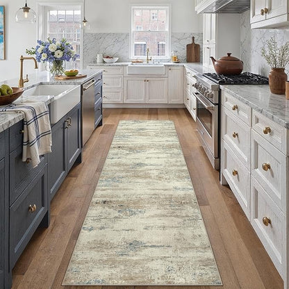 PureCozy 2x8 Runner Rug Washable Beige Brown Abstract Modern Neutral Hallway Carpet Non Slip Soft Low Pile Indoor Kitchen Carpet Contemporary Aesthetic Long Rug Bathroom Bedroom Laundry