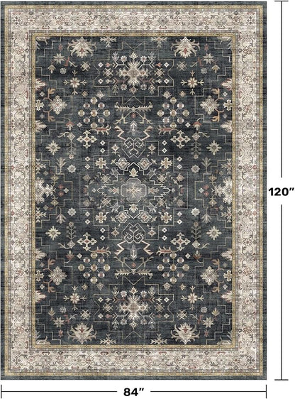 Hazo Haus Black Farmhouse Washable 7x10 Area Rugs for Living Room, Bedroom, Dining Room Table, Dark Charcoal Stain Resistant Non-Slip Large Washable
