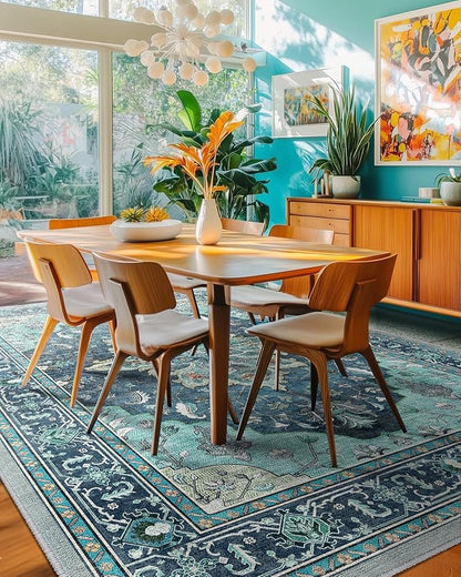 RELEANY Area Rugs 5'x8' Washable Non-Slip, Floral Vintage Distress Print Pattern Medallion Carpet for Living Room Bedroom Dining Room, Teal Green Lake Blue Turquoise