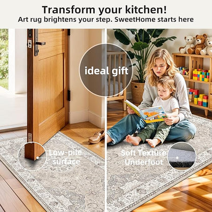 2-Piece Kitchen Runner Rug Set: Washable Non-Slip Floor Mats for Sink & Stove Cooking Area Soft Low Pile Water-Resistant Carpet for Dishwasher Fridge Fronts Durable Kitchen Island Mats(2x3+2x4,Beige)