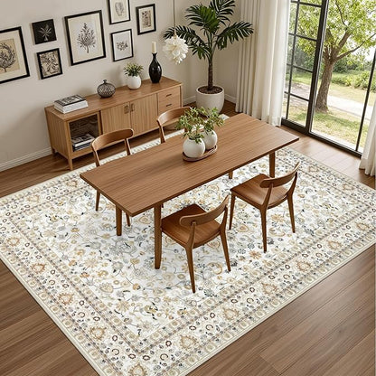 3x5 Area Rugs Living Room Rug: Washable Vintage Boho Rug No Slip Stain Resistant Soft Carpet Indoor Floor Floral Large Carpets for Bedroom Dining Room Farmhouse Nursery Home Office Beige