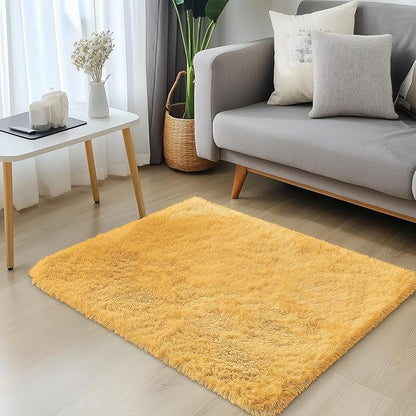 OLANLY 3x5 Machine Washable Small Bedside Rug, Soft Fluffy Shaggy Rugs for Living Room, Bedroom, Indoor Floor Carpet for Kids Girls and Boys, Preppy Dorms, Nursery, Home Decor, Mustard Yellow