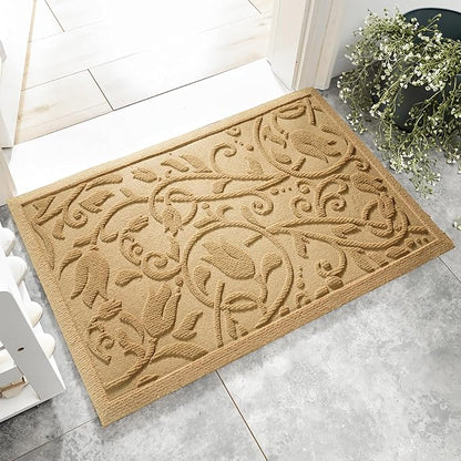 Boho Beige Floral Leaves Outdoor Indoor Entrance Doormats, Absorbent Durable Heavy Duty Welcome Front Door Mat,Thick Natural Rubber Back,Easy Clean Entryway Mat 23x35 Inch, Low Profile