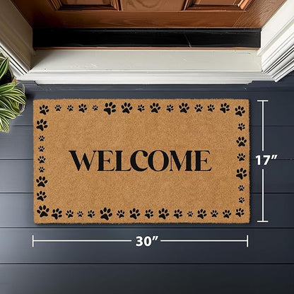 Barnyard Designs Natural Coco Coir Heavy Duty Backing Doormat - Large Cute Non-Slip Front Door Welcome Mat for Outside Entrance or Porch Entry, Brown (17x30, Welcome Paws)