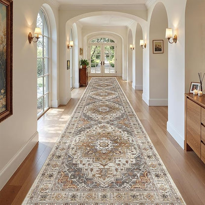 Madane Hallway Runner Rug 3x18 - Kitchen Rugs 18ft Washable Entryway Rug Vintage Kitchen Runners Non Slip Indoor Area Rug Farmhouse Carpet Runner for Bathroom Living Room Bedroom, Turmeric/Grey