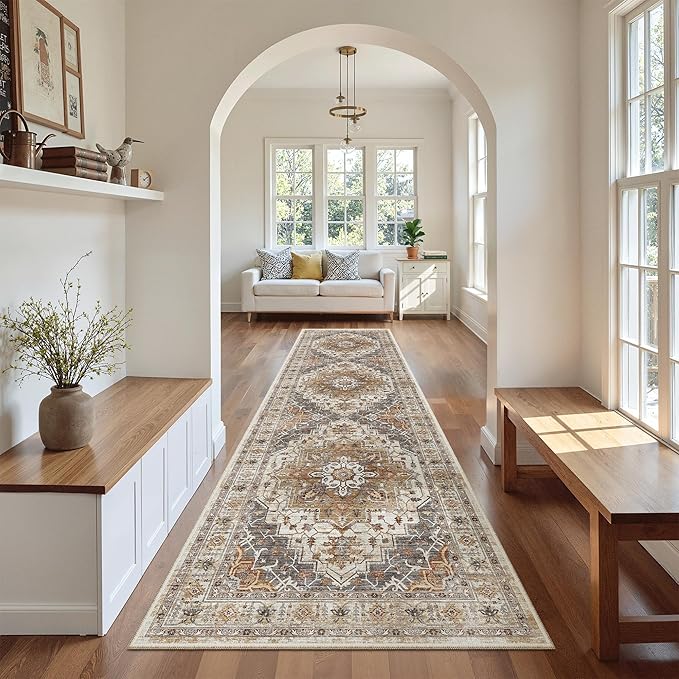 Madane Hallway Runner Rug 2'6''x10' Kitchen Runner, Non Slip Vintage Runners for Hallways Washable Kitchen Rugs Soft Low Pile 2.5x10 ft Rug Runner for Laundry Room, Entryway and Bedroom, Turmeric/Grey