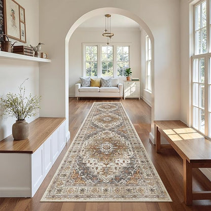 Madane Hallway Runner Rug 2'6''x10' Kitchen Runner, Non Slip Vintage Runners for Hallways Washable Kitchen Rugs Soft Low Pile 2.5x10 ft Rug Runner for Laundry Room, Entryway and Bedroom, Turmeric/Grey