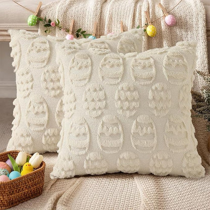 decorUhome Easter Beige Egg Pillow Covers 20x20 Inch Set of 2, Soft Plush Faux Wool Jacquard Cushion Covers, Farmhouse Neutral Fuzzy Spring Easter Holiday Decor for Couch Sofa Bed