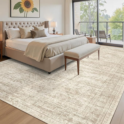 12x15 Washable Area Rug Beige Neutral Abstract Living Room Large Carpet Non Slip Bedroom Indoor Office Dining Room Low Pile Thin Rug
