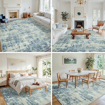 6x9 Area Rugs for Living Room Washable Rug: Anti-Skid Abstract Modern Living Room Rug Soft Thin Carpets Indoor Floor Non-Shedding Carpet for Bedroom Dining Farmhouse Nursery Blue Gray Gold