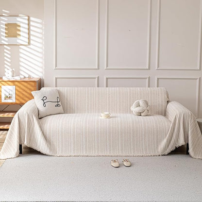Boho Chenille Couch Cover for Dogs, Non Slip Sofa Cover, Couch Slipcover Covers for 3 Cushion, Furniture Protector with Tassels for Pets Washable, 91"x134", Fishbone Beige