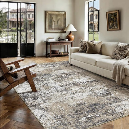 PureCozy 4x6 Abstract Area Rug Brown Washable Modern Neutral Office Carpet Non Slip Ultra Soft Indoor Entry Low Pile Small Door Mat Bedroom Contemporary Throw Rug for Kitchen Laundry Dinging Room