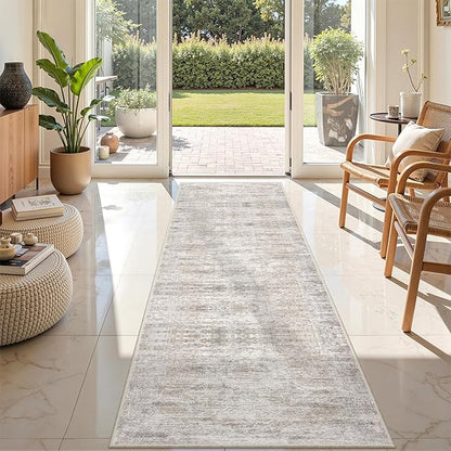 Rug Runners for Hallways Non Slip - 2x8 Runner Rug for Bedroom, Washable Runner with Rubber Backing, Soft Low-Pile Carpet for Kitchen, Laundry, Bathroom (2'x8', Brown/Grey/Ivory)