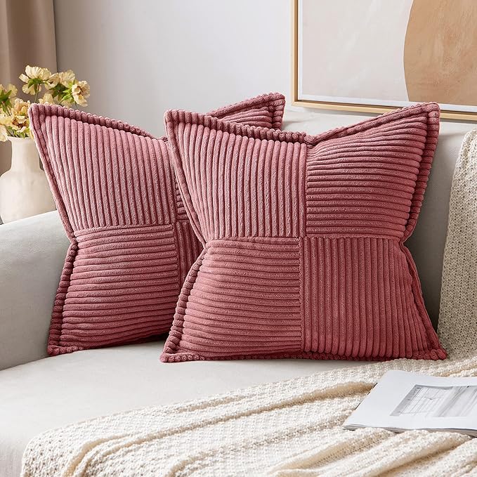 MIULEE Decorative Throw Pillow Covers for Couch Bed Livingroom 20x20 Inch Set of 2 Cranberry Red Boho Accent Throw Pllows Broadside Striped Patchwork Soft Corduroy Pillowcases