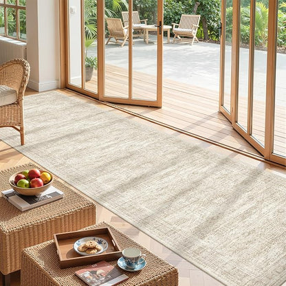 Washable Runner Rug 2.5x12, Non-Slip Long Bathroom Rugs Runner for Kitchen, Living Room, Bedroom, Soft Vintage Washable Rug for Entryway, Thin Floor Mat for Dining Room(2.5'x12', Beige/Ivory)